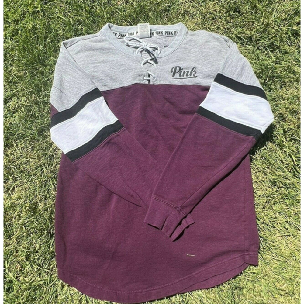 Pink‎ Victoria's Secret Women's Size XS Long Sleeve Lace Up Jersey Purple Grey